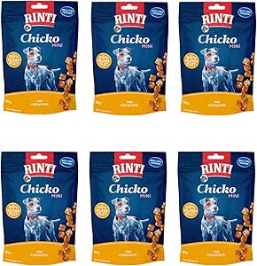 Rinti Chicko Mini Cubetti di Formaggio con Pollo | Confezione da 6 | 6 x 80 g | Preparato con filetto di petto di pollo fresco | Essiccato delicatamente all'aria | Richiudibile
