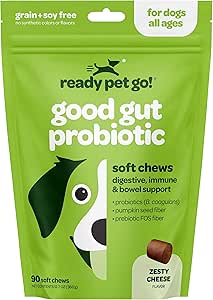Ready Pet Go!, Snack probiotici per la pancia, croccantini digestivi per cani, tutte le età, formaggio, 1 x 90 masticabili morbidi