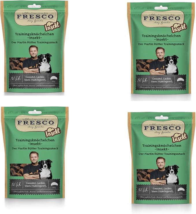 Fresco Set di 4 noccioline da allenamento, 4 x 150 g, mangime complementare per cani, spuntino monoproteico naturale in pura proteina degli insetti, a forma di caviglia