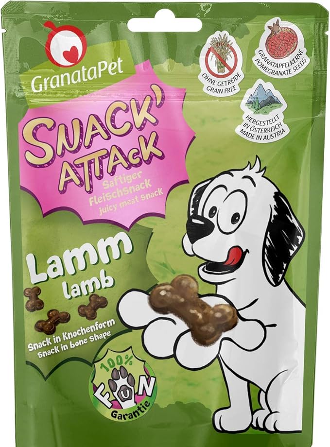 GranataPet Snack' Attack Agnello per cani senza cereali e senza zuccheri aggiunti, ricompensa per giocare a quattro zampe, dolcetti morbidi per cani, 100 g