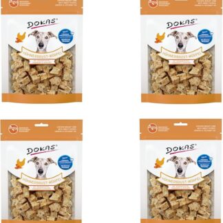 Cubetti di petto di pollo Dokas con patata dolce, semi di lino & olio di cocco | Confezione da 4 | 4 x 150 g | Snack liofilizzato per cani | Particolarmente ricco di proteine di alta qualità