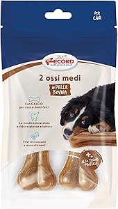 Record 2 ossi per Cani medi. Ossa per Cani in Pelle Bovina. Masticativi per Cani, Confezione da 2pz in blister richiudibile. Misura M 13cm di lunghezza e 65g di peso cad, per cani di taglia media.