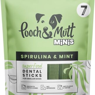 Pooch & Mutt - Piccoli bastoncini dentali Superfood con sapore di Spirulina e menta per cani, 1 confezione da 7 bastoncini