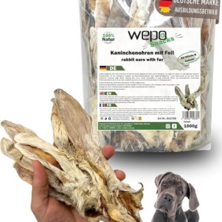 WEPO orecchie di coniglio con pelliccia per cani – 1 kg orecchie di coniglio secche – orecchie di coniglio per cani e gatti – Rabbit Ears as Dog Treats (confezione risparmio da 1 kg)