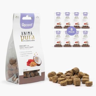 Record Snack Senza Glutine Anima Pura per Cani 100% Naturali. Biscotti Naturali Cotti al Forno al gusto di Manzo, Cocco e Legumi. Made in Italy | Formato Risparmio da 8 sacchetti da 75 g