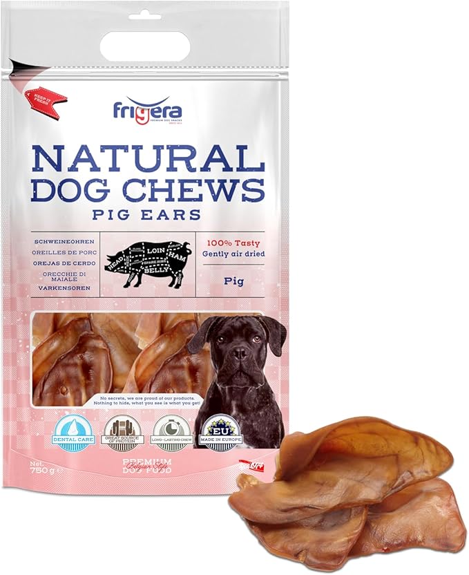 Frigera Orecchie di maiale 750 g – Deliziosi naturali ricchi di proteine per cani, senza glutine e cereali, a lunga durata.