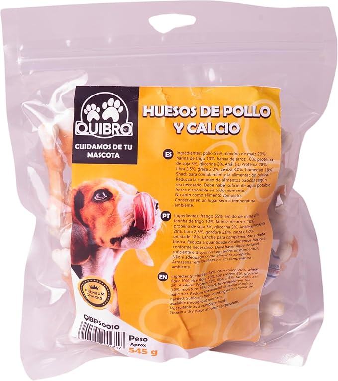 Quibropets Ossa di Pollo con Calcio - Cani per Cani, Ricompense Naturali Senza Cereali, Snack per Animali Domestici, Premi Disidratati, 545g