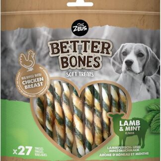 BetterBones - Spuntino morbido per cani, senza pelle grezza, intrecciati avvolti con agnello e menta, 12,5 cm, confezione da 27