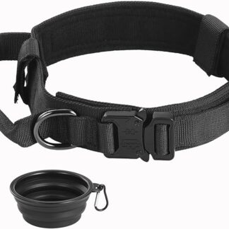 Faankiton Collare Tattico per Cani con Maniglia di Comando，Collare Militare per Cani Regolabile con Fibbia in Metallo，Collare per Cane in Nylon con Una Ciotola per Cani Pieghevole (L, Nero)