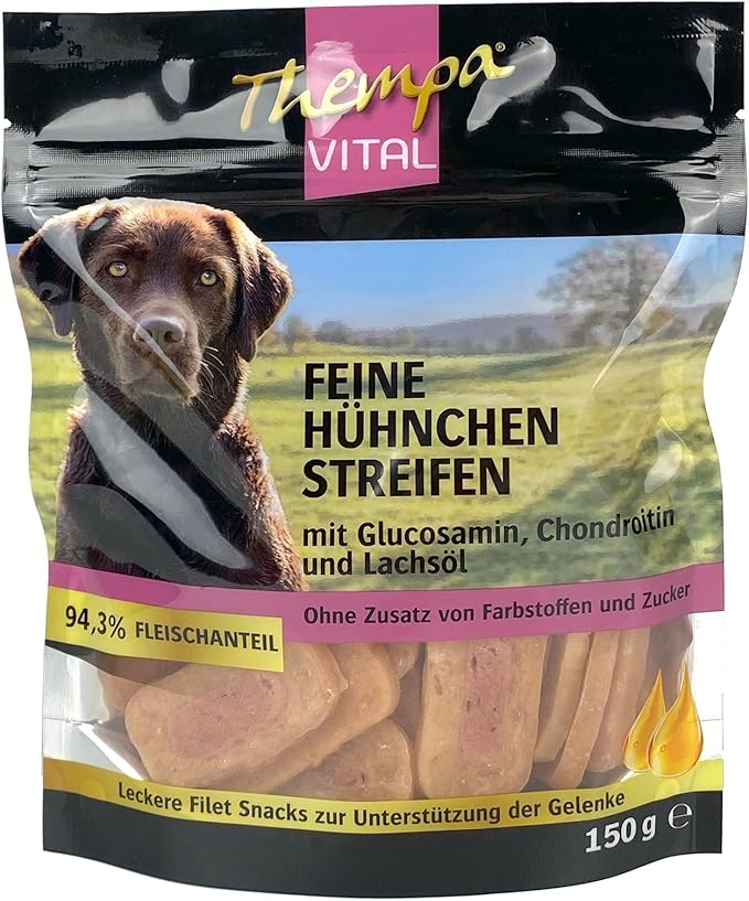 Thempa Vital - Strisce di pollo per cani con glucosamina, condroitina e olio di salmone, 150 g