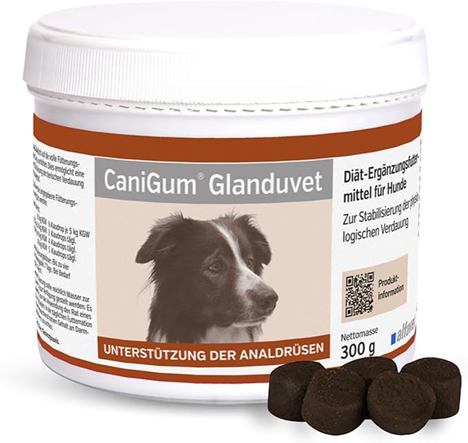 alfavet CaniGum Glanduvet, Gocce da masticare per cani con ostruzione delle ghiandole anali, supporta la qualità delle feci e del benessere intestinale, mangime complementare, 300 g