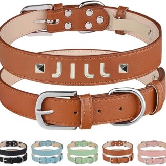 Collare per cani in pelle personalizzabile con nome personalizzato, collare regolabile con incisione per cani di taglia piccola, media e grande, collare in pelle resistente per gatti (marrone, L