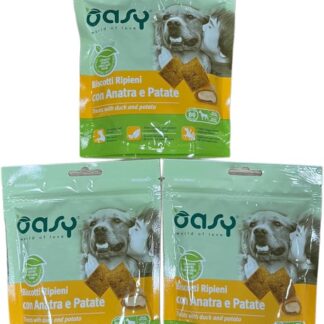 Oasy snack biscotti ripieni di mousse per cani adulti PROMOZIONE gusto ANATRA e PATATE | 3 confezioni da 70 grammi l'una.