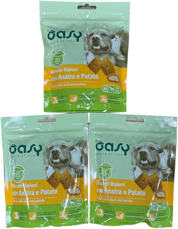 Oasy snack biscotti ripieni di mousse per cani adulti PROMOZIONE gusto ANATRA e PATATE | 3 confezioni da 70 grammi l'una.