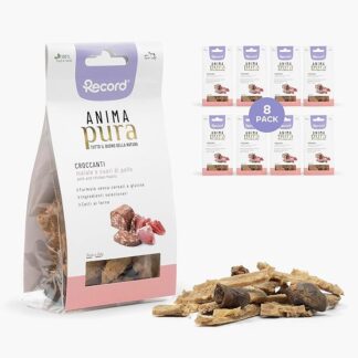 Record Snack Senza Glutine Anima Pura per Cani, 100% Naturali. Biscotti Naturali Cotti al Forno al gusto di Maiale e Cuori di Pollo, Made in Italy | Formato Risparmio - 8 sacchetti da 75 g