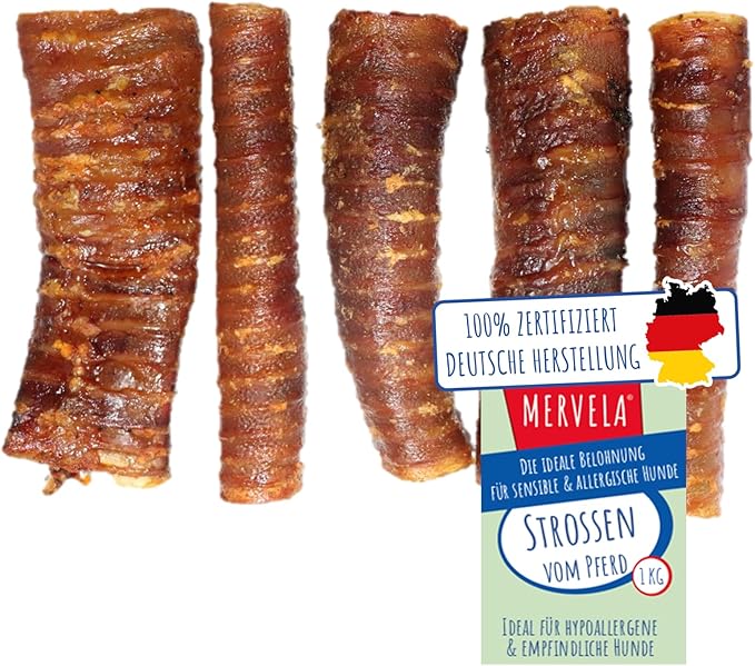 MERVELA Cavallo | 100% cavallo puro | 1.000 g | Spine essiccate dal cavallo | Qualità dalla Germania | ideale per cani ipoallergenici, allergici e sensibili
