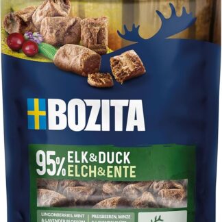 BOZITA Meaty Bites - Snack per cani con 95% alce e anatra, 70 g, porzionabile con una sola mano, senza cereali, senza pollo e senza glicerina, deliziosi che il tuo cane adorerà