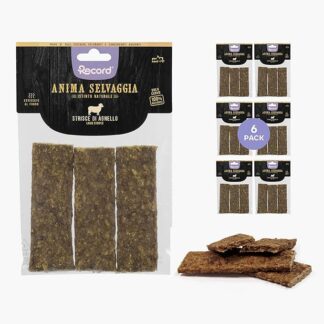 Record Snack Premium per Cani Anima Selvaggia Gusto Agnello, Made in Italy. Strisce di Carne per cani essiccate al forno. Snack 100% naturali, confezione da 6 sacchetti da 75g