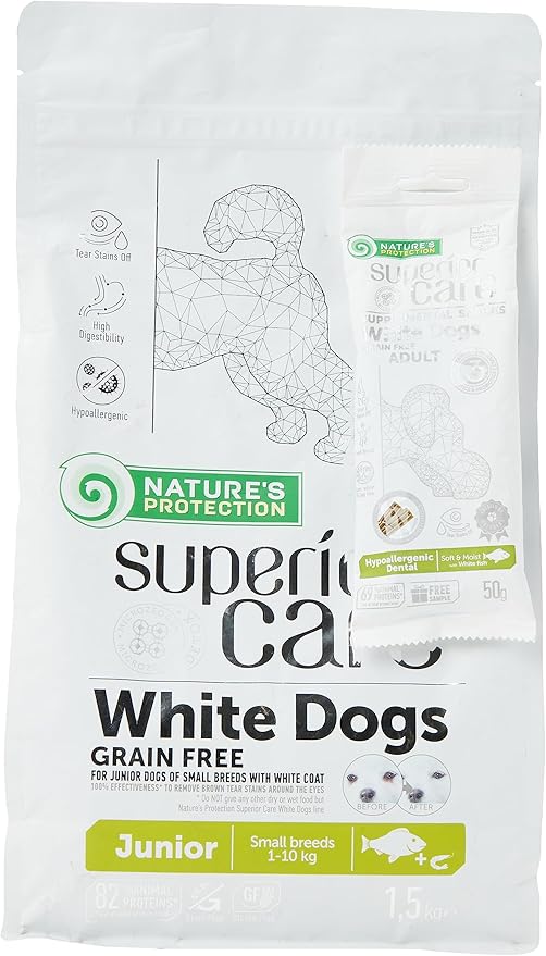 UAB AKVATERA - Snack per cani di protezione della natura, 1,5 kg superiore, cura bianca per cani junior + snack dentale 50 g