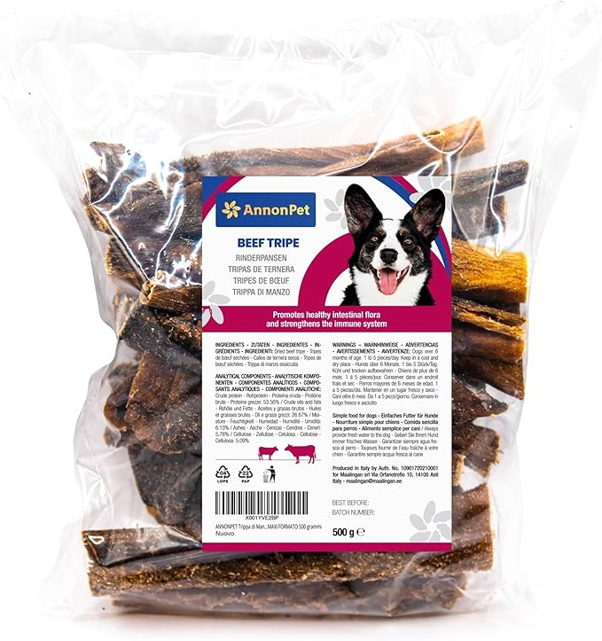 AnnonPet® Trippa di Manzo Essiccata Secca Snack per Cani naturale ricca di Proteine. Benefici per intestino Masticativi per cani MAXI FORMATO 500 grammi