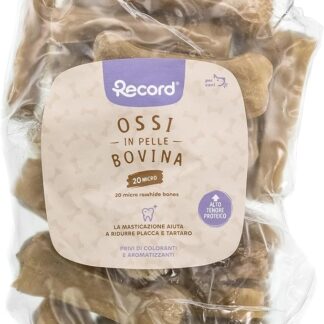 Record Micro ossi per Cani. Ossa per Cani in Pelle Bovina. Masticativi per Cani, Confezione da 20pz in plastica termoretratta. Misura XS 8cm di Lunghezza e 25g di Peso, per Cani di Taglia Piccola.