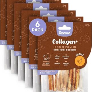 Record - Snack Premium per Cani Collagen+ Gusto Anatra con alto valore proteico. Masticativi per cani ricchi di collagene. Senza coloranti, Confezione da 6 sacchetti da 60 g|(XS-S)
