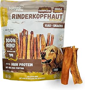 HappyPaw 1 kg di cuoio capelluto bovino (15 cm) – 100% spuntini naturali per cani – cura dentale & masticazione – essiccato delicatamente, ricco di proteine e basso contenuto di grassi – articolo da