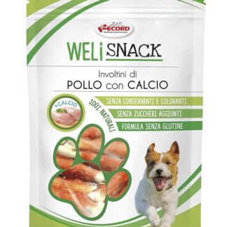 Record Welisnack Involtini al gusto di Pollo. Deliziosi snack per cani senza conservanti e coloranti. Bocconcini per cani 100% Naturali, senza zuccheri aggiunti. Confezione richiudibile da 75g