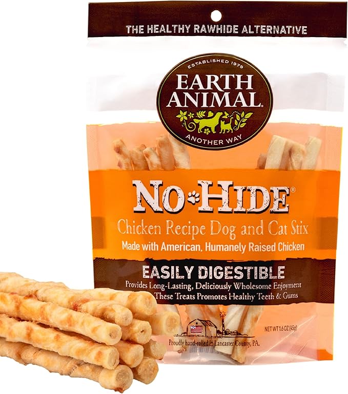 Earth Animal No-Hide Stix Snack naturali senza pelle aromatizzati al pollo Snack da masticare a lunga durata per cani | Snack per cani di piccola taglia (confezione da 1)