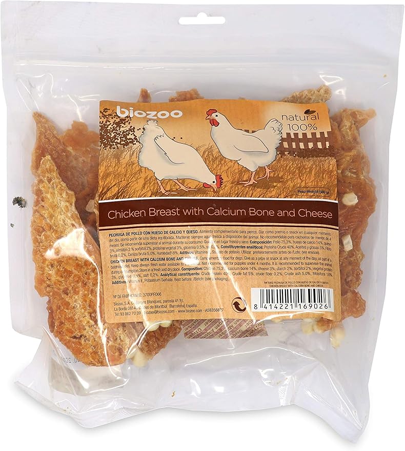 Biazoo Petto di Pollo con Osso di Calcio e Formaggio 500 gr Snack per Cani adatto a tutte le razze e dimensioni