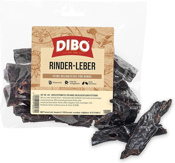 DIBO Fegato di manzo, sacchetto da 100 g, piccolo snack naturale o dolcetti per alimenti per cani, articoli da masticare di qualità senza prodotti chimici di DIBO