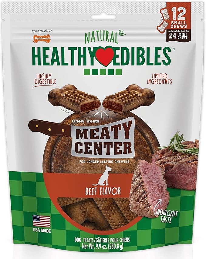Nylabone Healthy Edibles Meaty Center Natural Dog Treats – Limited Ingrediente Dog Treats for Small Dogs – Beef Flavor, Small (12 Count)