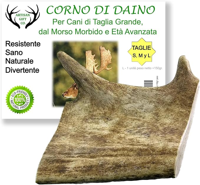 ARTISAN GIFT CO Corni di Daino da Masticare per Cuccioli e Cani, Palco 100% Naturale - peso minimo dell'unità 150gr. (1 unità (Confezione da 1), L.)