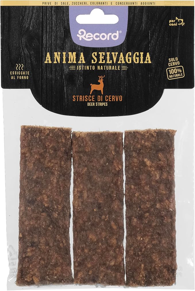 Record - Snack Premium per Cani Anima Selvaggia Gusto Cervo, Made in Italy. Strisce di Carne per cani essiccate al forno. Snack 100% naturali|75g