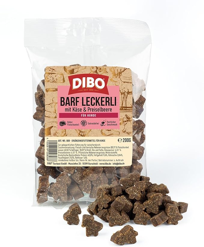 DIBO BARF - Deliziosi con formaggio e mirtilli rossi, 200 g, per cani sani, snack per cani, dolcetti natalizi, snack natalizii, divertimento nel periodo prenatale e idea regalo
