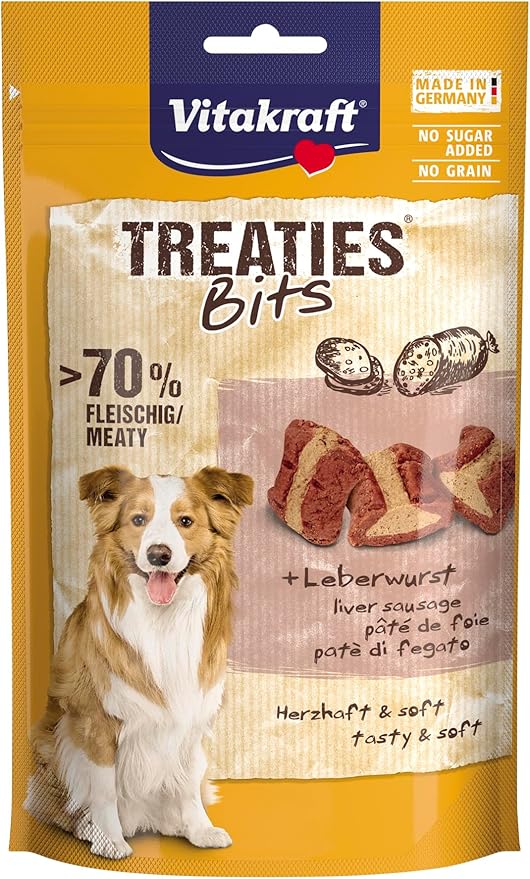 Vitakraft Treaties Bits, dolcetti per cani senza cereali, con salsiccia di fegato, con un alto contenuto di carne, come ricompensa e addestramento, senza zuccheri aggiunti (1x 120 g)