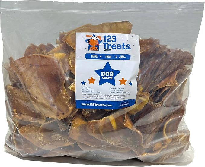 123 Treats - Premietti per cani con orecchie di maiale naturali al 100% (100 pezzi) Masticabili per cani con orecchie di maiale intere