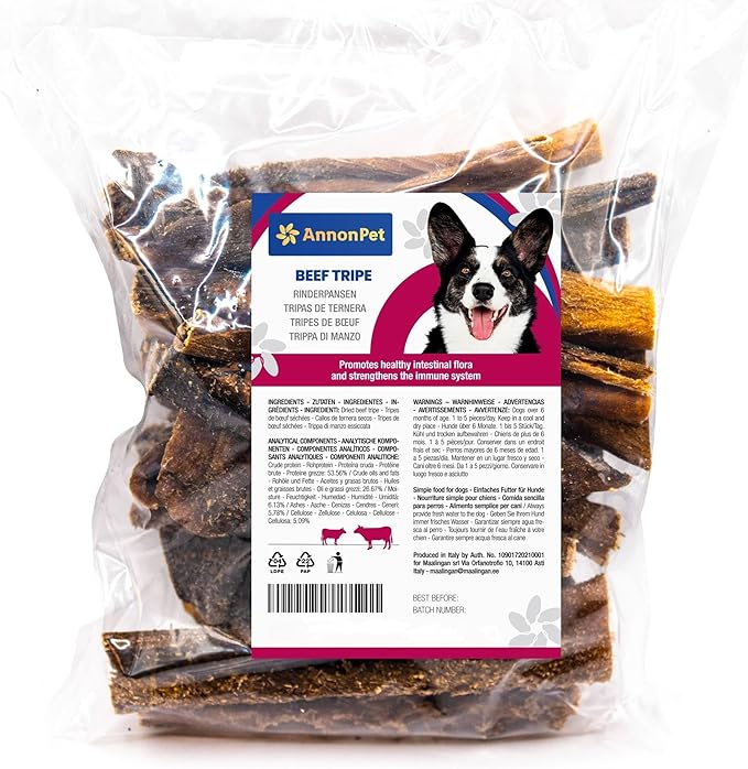 AnnonPet® Trippa di Manzo Essiccata Secca Snack per Cani naturale ricca di Proteine. Benefici per intestino Masticativi per cani. 100 grammi