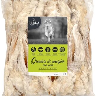 Perla PetFood - Snack per cani - Orecchie di coniglio con pelo - Alimento naturale carne essiccata 100% italiana senza conservanti - Alto contenuto di proteine - Snack BARF 500 gr