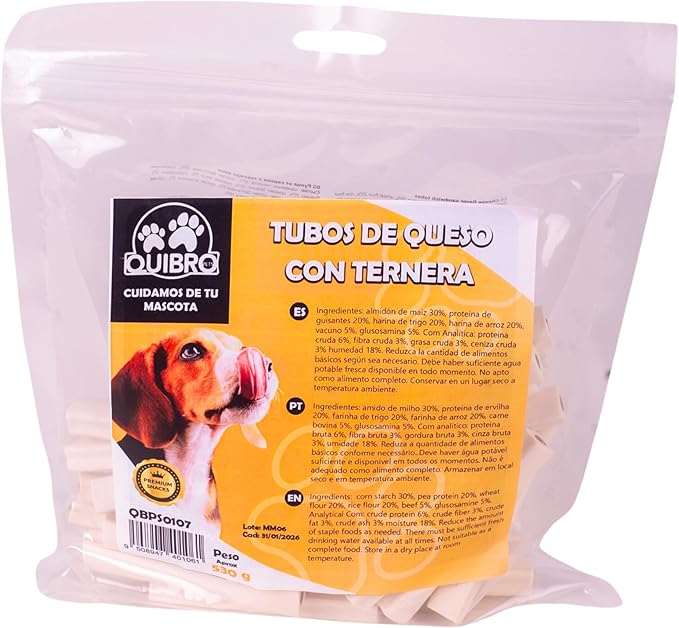 Quibropets Tubi di formaggio con manzo - Chuches per cani, premi naturali senza cereali, snack per animali domestici, premi disidratati, 530 g