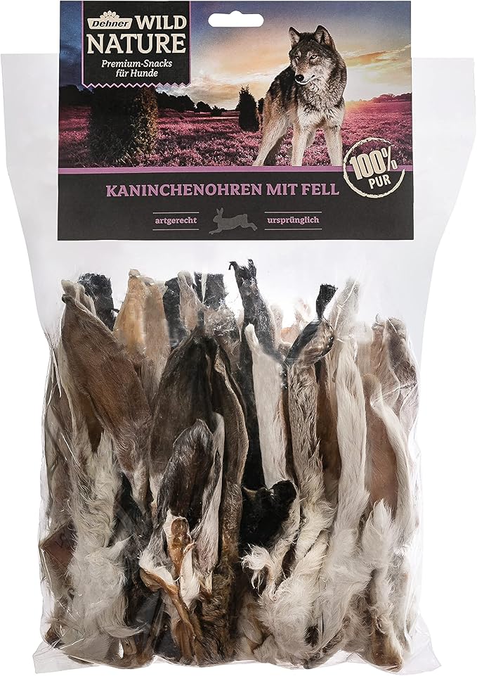 Dehner Wild Nature - Spuntino per cani, senza glutine, senza zucchero, spuntino da masticare per cani sensibili alla nutrizione, orecchie di coniglio con pelliccia, 500 g