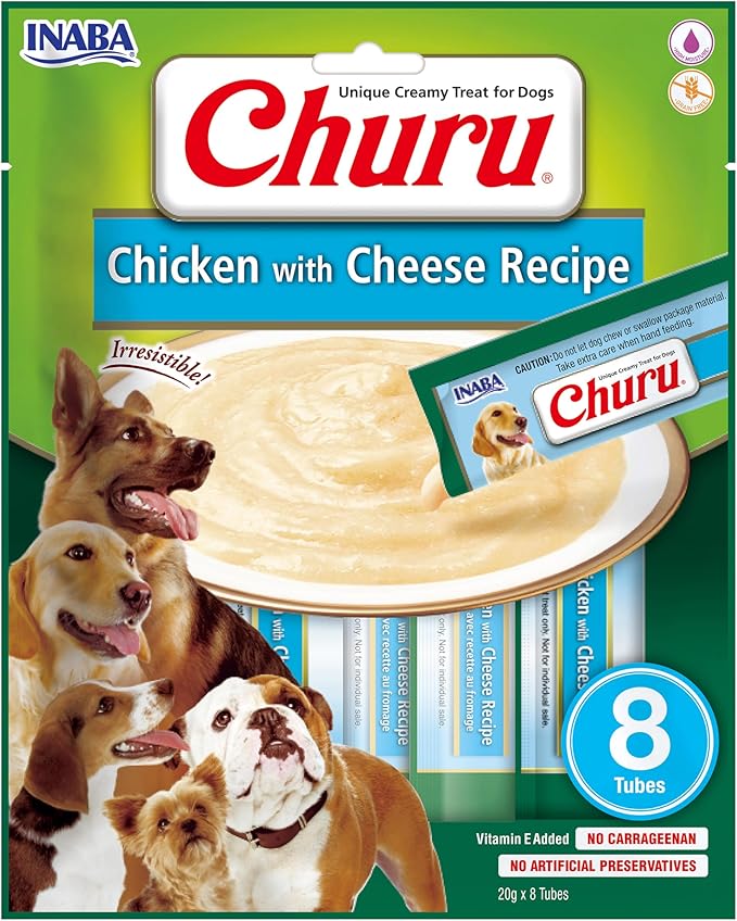 INABA Churu Snack per Cani Cremoso al Pollo e Formaggio - 1 Pack (8 Stick x 20gr) - Premietti per Cane Ipocalorici Morbidi e Deliziosi, Senza Conservanti o Coloranti Artificiali, Grain-Free