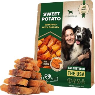 Dog Sweet Potato Wrapped with Chicken & Pet Natural Chew Treats (300 Gr Approx 20 pcs) - Grain Free Organic Meat & Human Grade Dried Snacks in Bulk - Best Twists for Training Small & Large Dogs