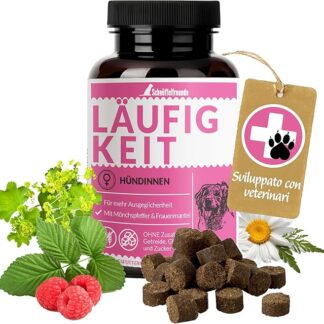 Schnüffelfreunde Läufigkeit I Alimento complementare con agnocasto, alchemilla e Foglie di Lampone (150g – ca. 180 Pezzi)