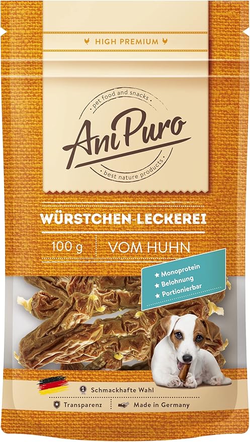 AniPuro 100 g di salsicce di pollo, snack ricompensa, ricetta senza cereali, monoproteine animali, per cani grandi e piccoli