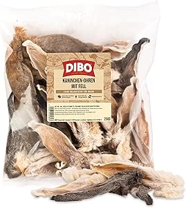 DIBO Orecchie di coniglio con pelliccia, sacchetto da 250 g, spuntino naturale essiccato al 100% per cani, pulizia naturale dell'intestino, naturale e adatto alla specie