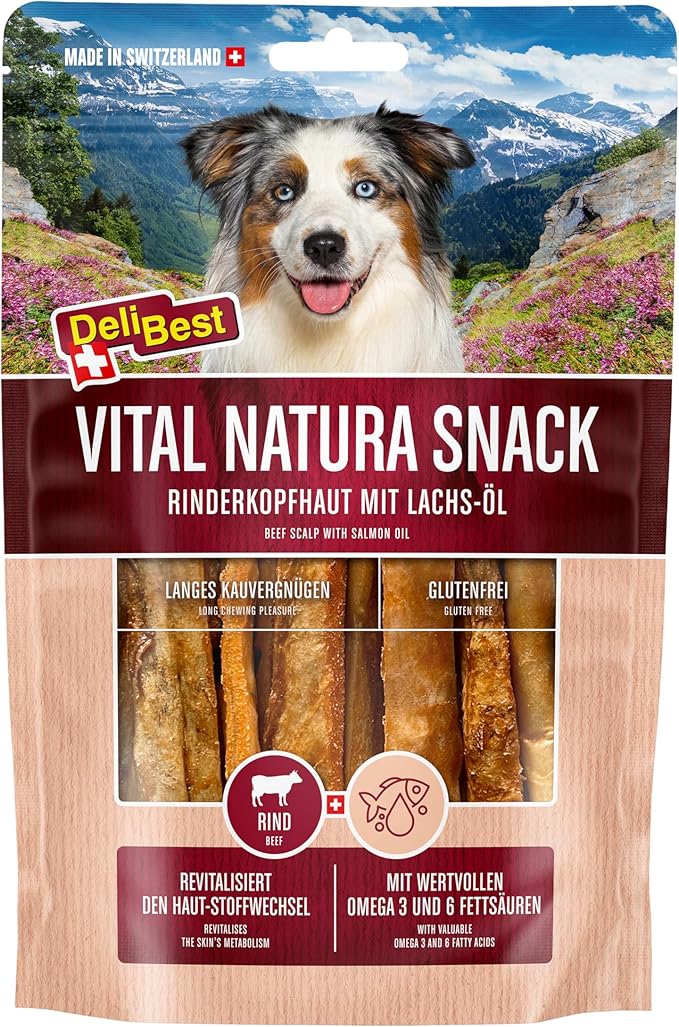 DeliBest Vital Natura Snack Olio di salmone selvatico I Omega3 I Spuntino da masticare per cani I per tutte le età I adatto anche per la pulizia dei denti, snack naturale I confezione da 200 g