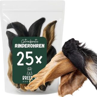 BREERs, orecchie di manzo essiccate con pelliccia per cani, 25 pezzi spuntino da masticare, articolo da masticare per cani di taglia grande, asta per cani con pelliccia