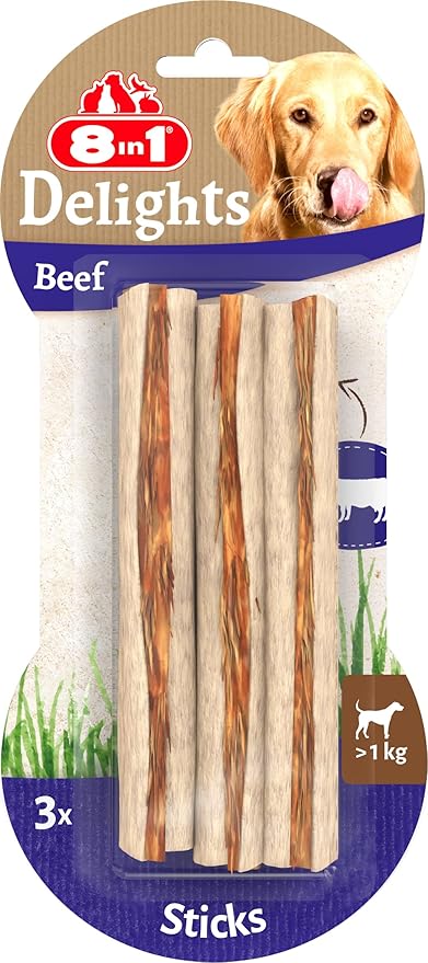 8in1 Delights Beef Sticks - Bastoncini da masticare sani per cani sensibili, manzo di alta qualità avvolto in pelle di mucca, 3 pezzi
