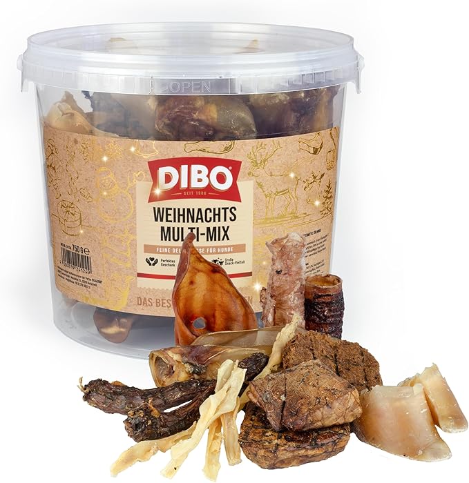 DIBO Mix natalizio in secchio da 750 g – richiudibile, 100% spuntino naturale essiccato delicatamente, per cani per il periodo prenatale